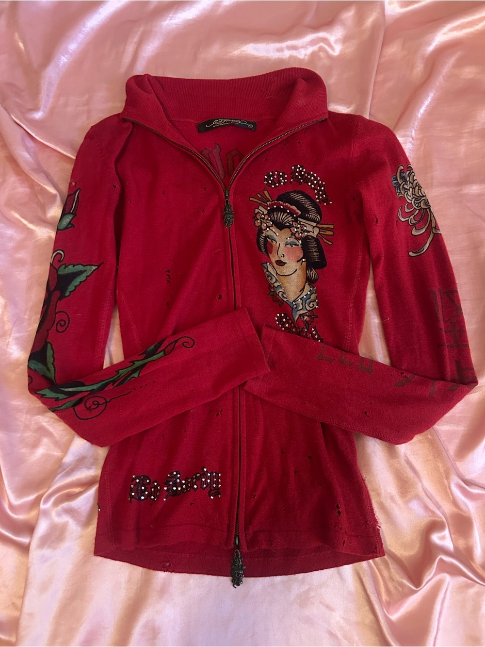 Ed Hardy Red Embellished Zip-Front Women’s Sweater Jacket